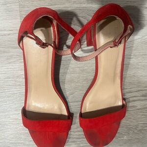10 Red Women's Ankle Strap Fabric Sandals with Block Heel
